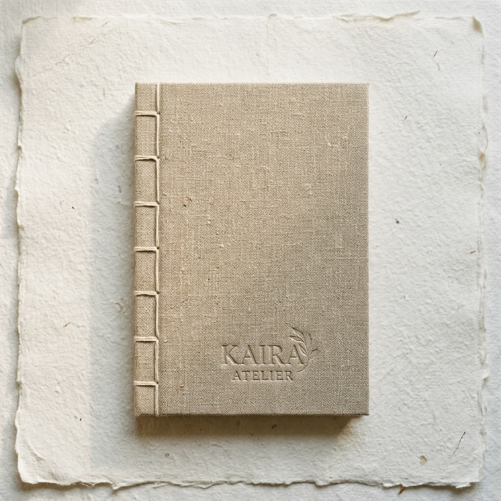 Closed raw unbleached linen heritage notebook with smyth-sewn exposed thread binding and subtle embossed logo